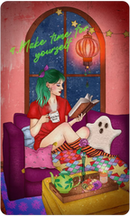 Woman with green hair reading a book on a purple couch with a ghost, colorful blanket, and tea set.
