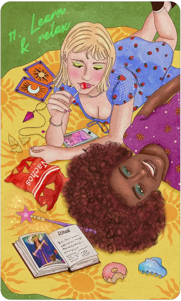 Illustration of a woman and a monkey with a book and snacks on a colorful background