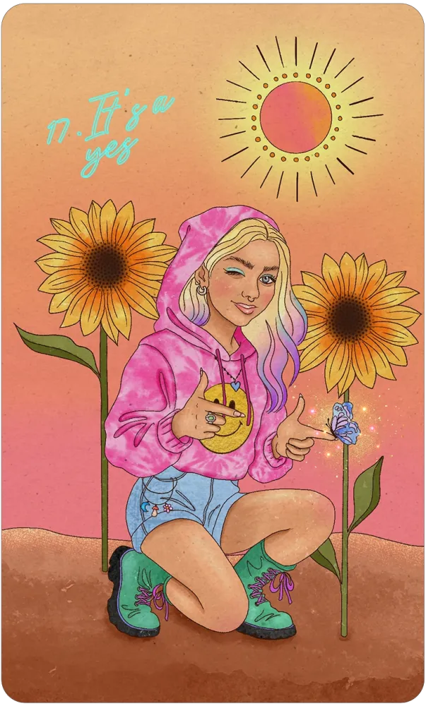Illustration of a person in a pink hoodie with sunflowers and a butterfly on a warm-toned background.