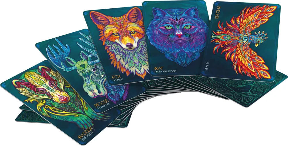 Colorful tarot cards with animal illustrations on a white background