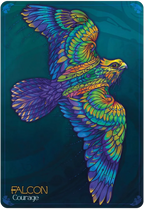 Colorful falcon illustration with 'Falcon Courage' text on a dark blue background