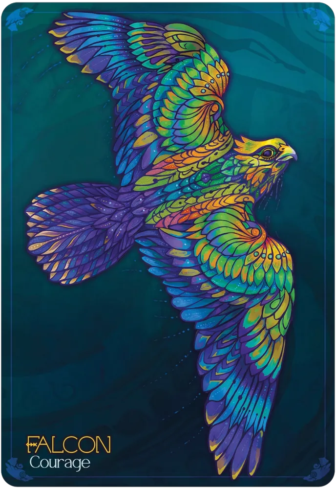 Colorful falcon illustration with 'Falcon Courage' text on a dark blue background