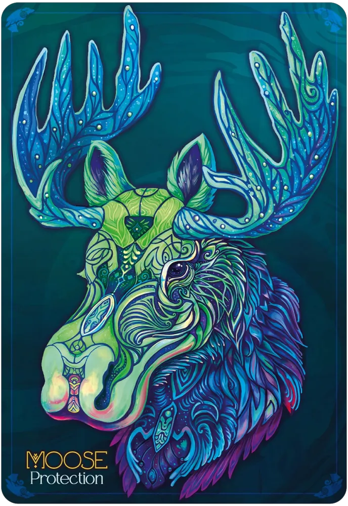Colorful moose illustration with intricate patterns on a dark background, featuring the brand 'Moose Protection'.
