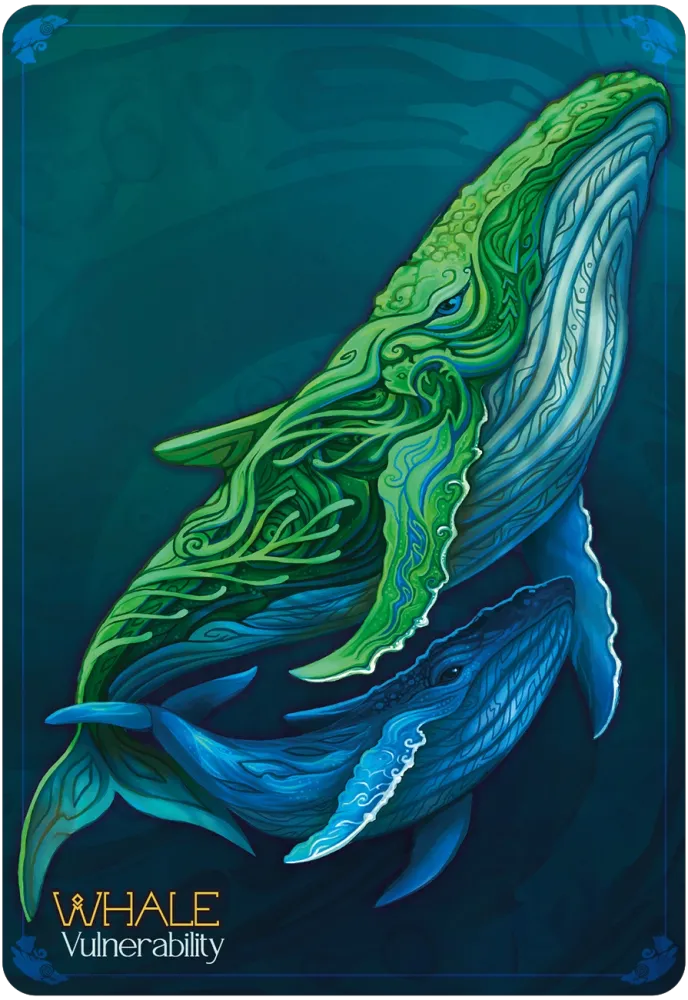 Artistic depiction of a whale with intricate patterns on a blue background