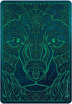 Decorative card with a stylized wolf design in teal and blue on a dark background