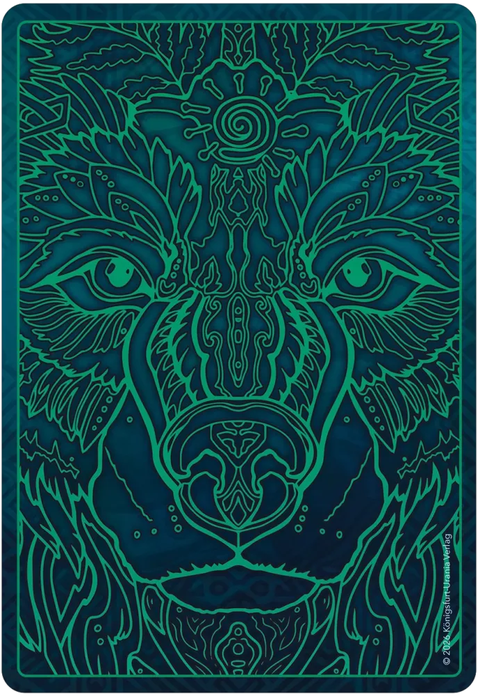 Decorative card with a stylized wolf design in teal and blue on a dark background