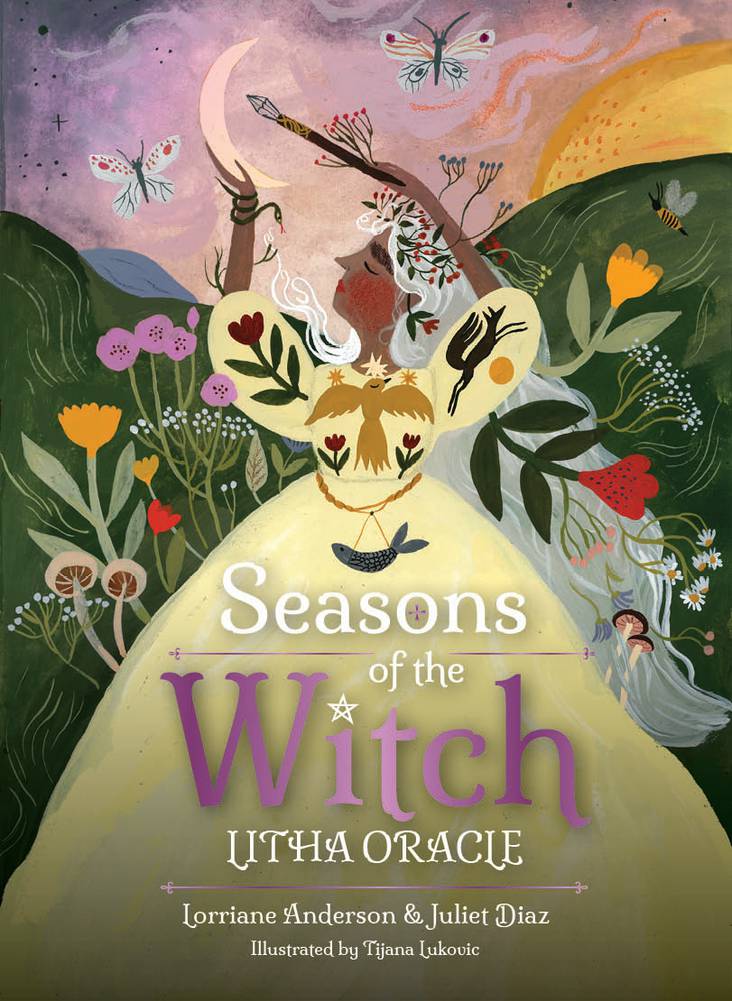 Book cover of 'Seasons of the Witch Llitha Oracle' with a stylized illustration of a witch and nature elements.
