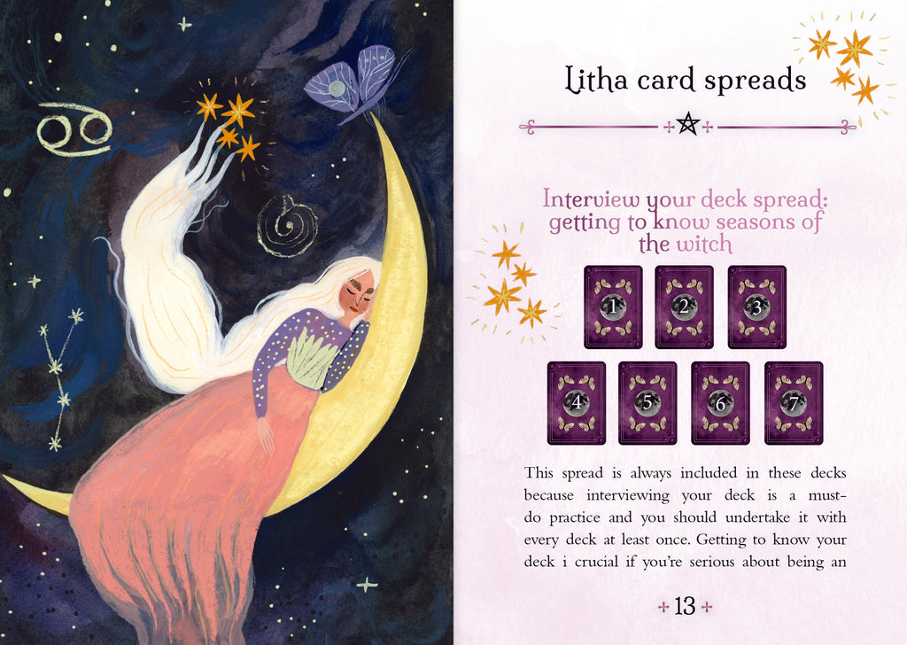 Illustration of a woman on a crescent moon with stars and a butterfly, alongside text about Litha card spreads.