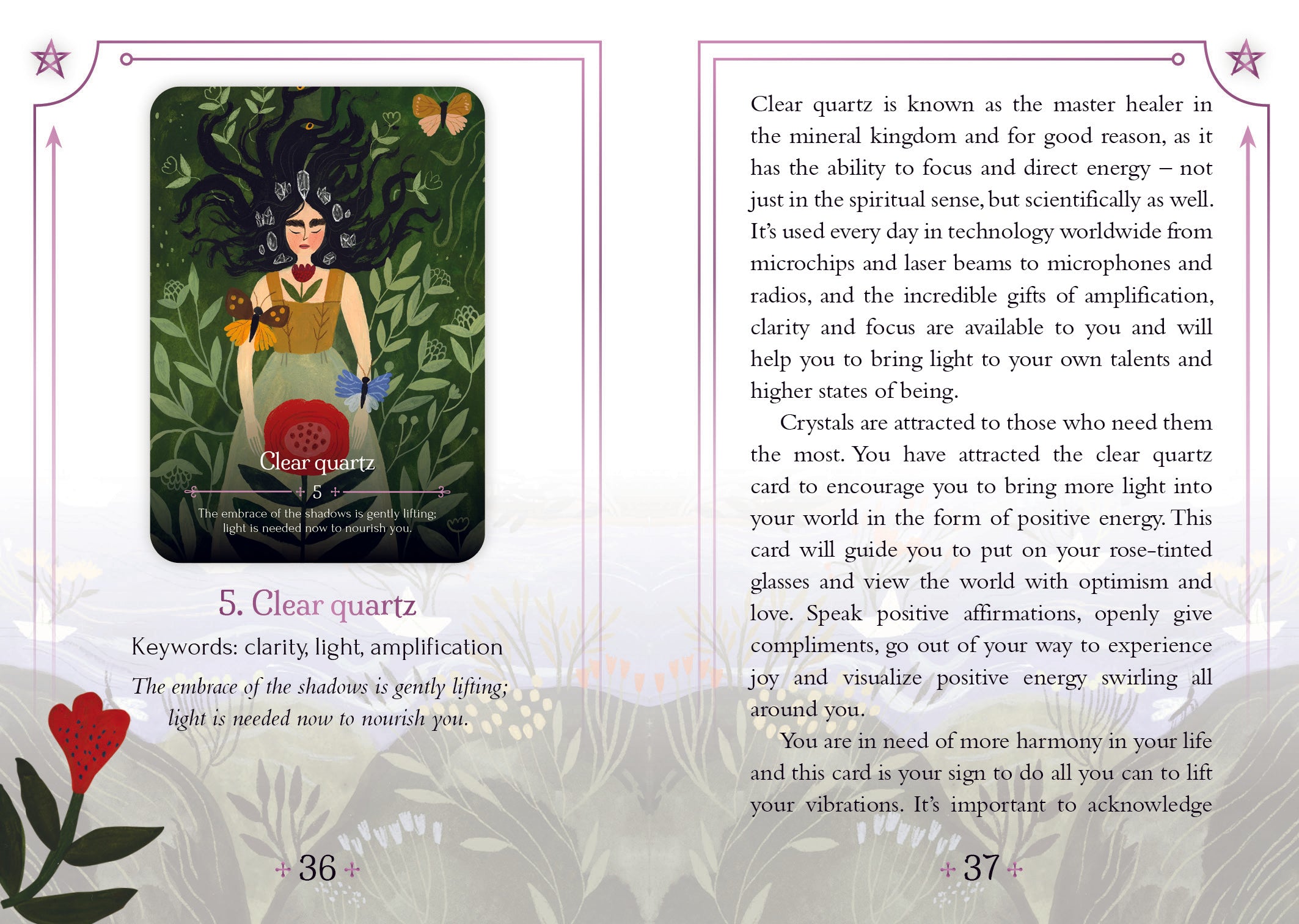 Card from a tarot or oracle deck with a green background and text about clear quartz.
