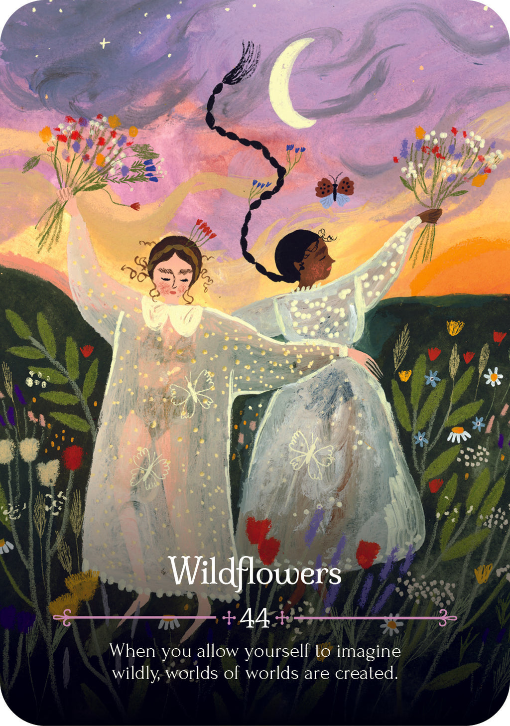 Card with two people holding hands amidst flowers and nature, titled 'Wildflowers' with a description underneath.