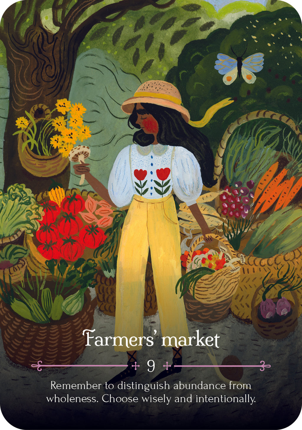 Illustration of a person at a farmers' market with text about distinguishing abundance from wholeness.