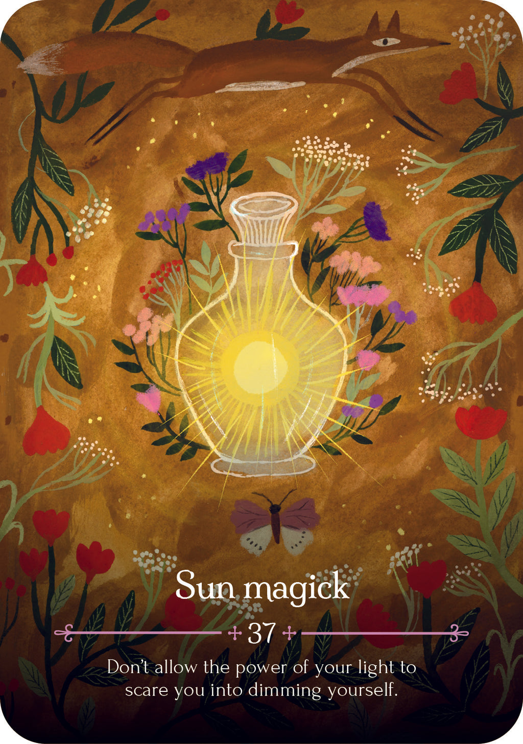 Magical potion bottle surrounded by flowers and animals with 'Sun magick' text on a brown background.