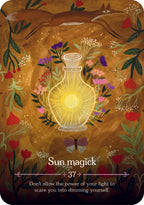 Magical potion bottle surrounded by flowers and animals with 'Sun magick' text on a brown background.