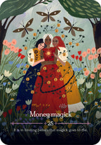 Illustration of three women holding a child in a forest with flowers and butterflies, featuring the text 'Money magick' and a quote.