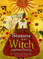 Book cover of 'Seasons of the Witch: Lammas Oracle' with a stylized illustration of a woman, sun, and flowers.