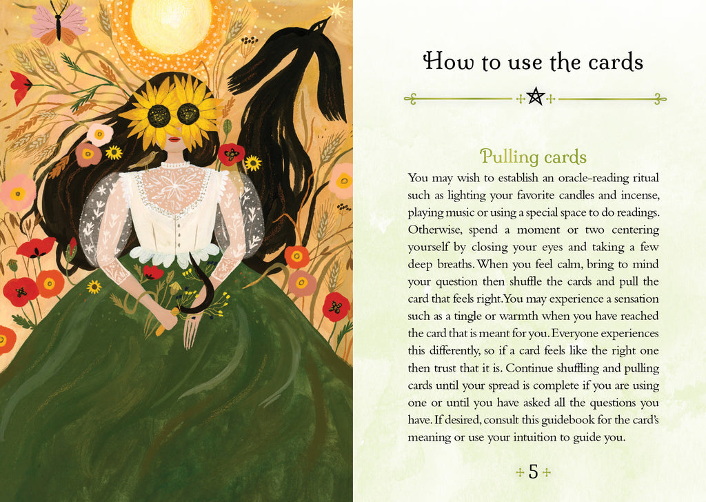 Illustration of a woman with flowers and text on how to use cards, likely from a tarot or oracle card guide.