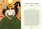 Illustration of a woman with flowers and text on how to use cards, likely from a tarot or oracle card guide.