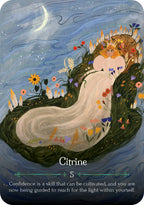 Illustration of a woman in a flowing dress surrounded by nature elements with the word 'Citrine' at the bottom.