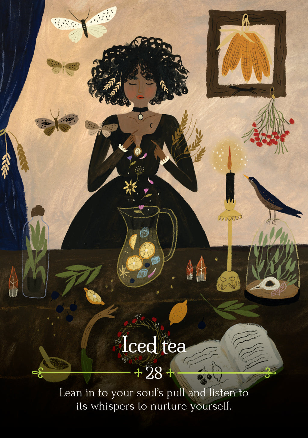 Illustration of a woman with nature elements and text about iced tea and self-nurture.