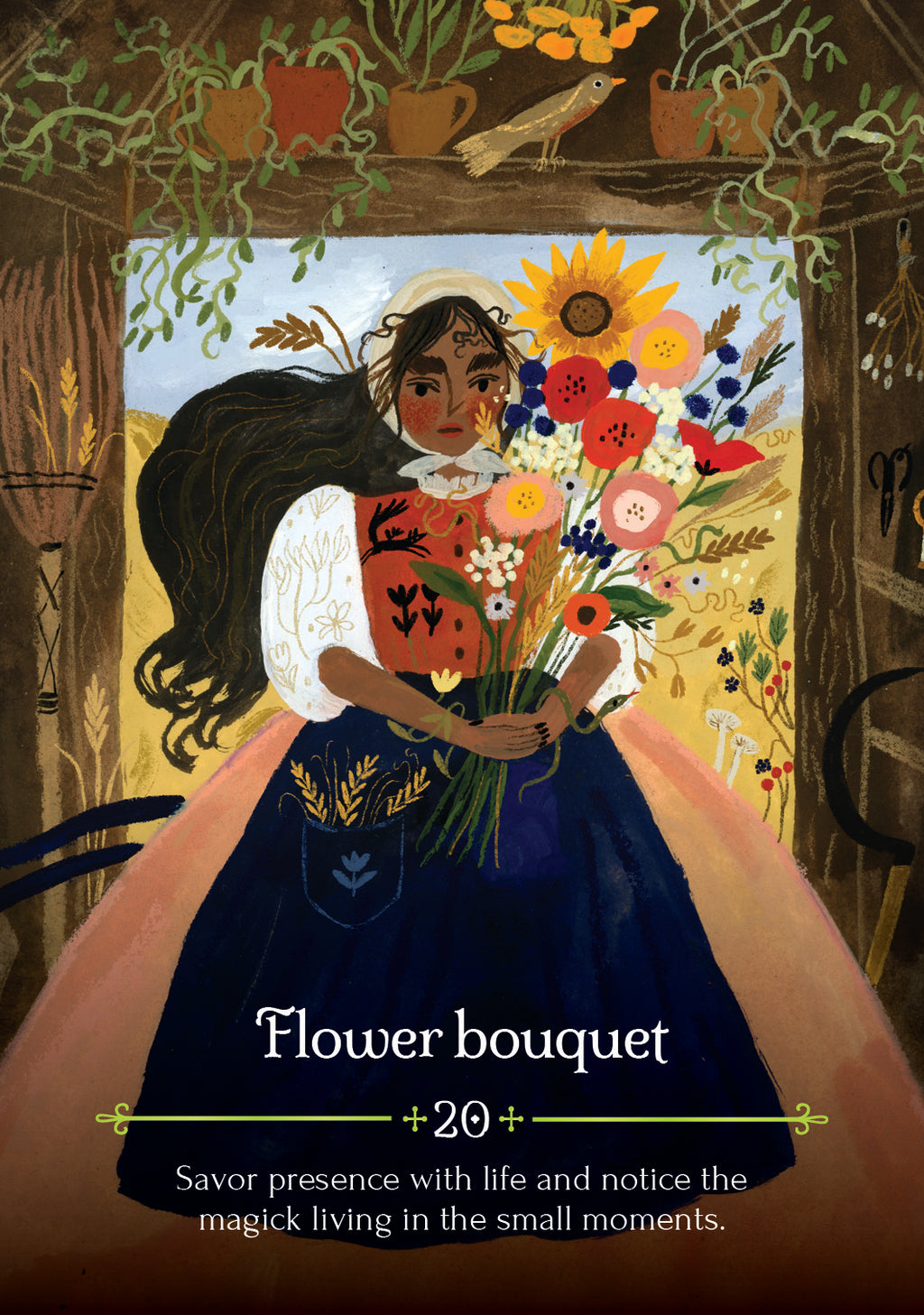 Illustration of a woman holding a flower bouquet with a magical effect text overlay.