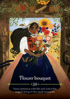 Illustration of a woman holding a flower bouquet with a magical effect text overlay.