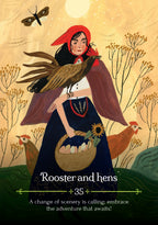 Illustration of a woman in a red hood with a rooster and basket of eggs against a natural background.