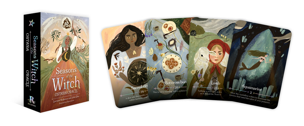 Card game packaging titled 'Seasons of the Witch' with illustrated cards on a white background