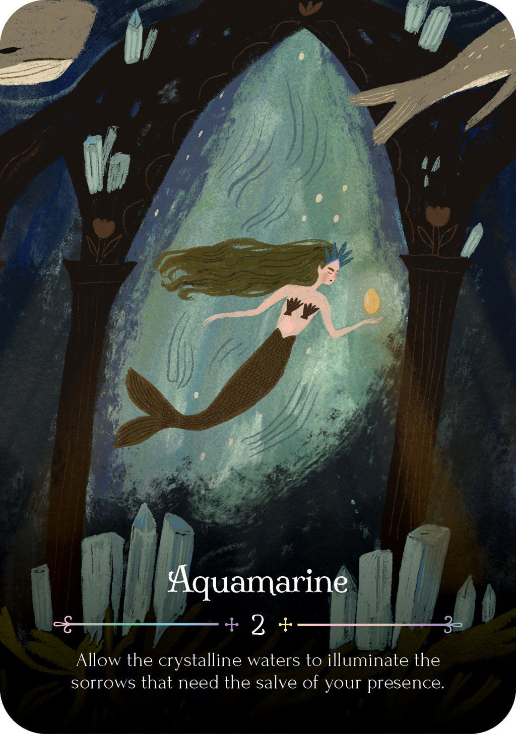 Mermaid illustration with 'Aquamarine' card text and design elements.