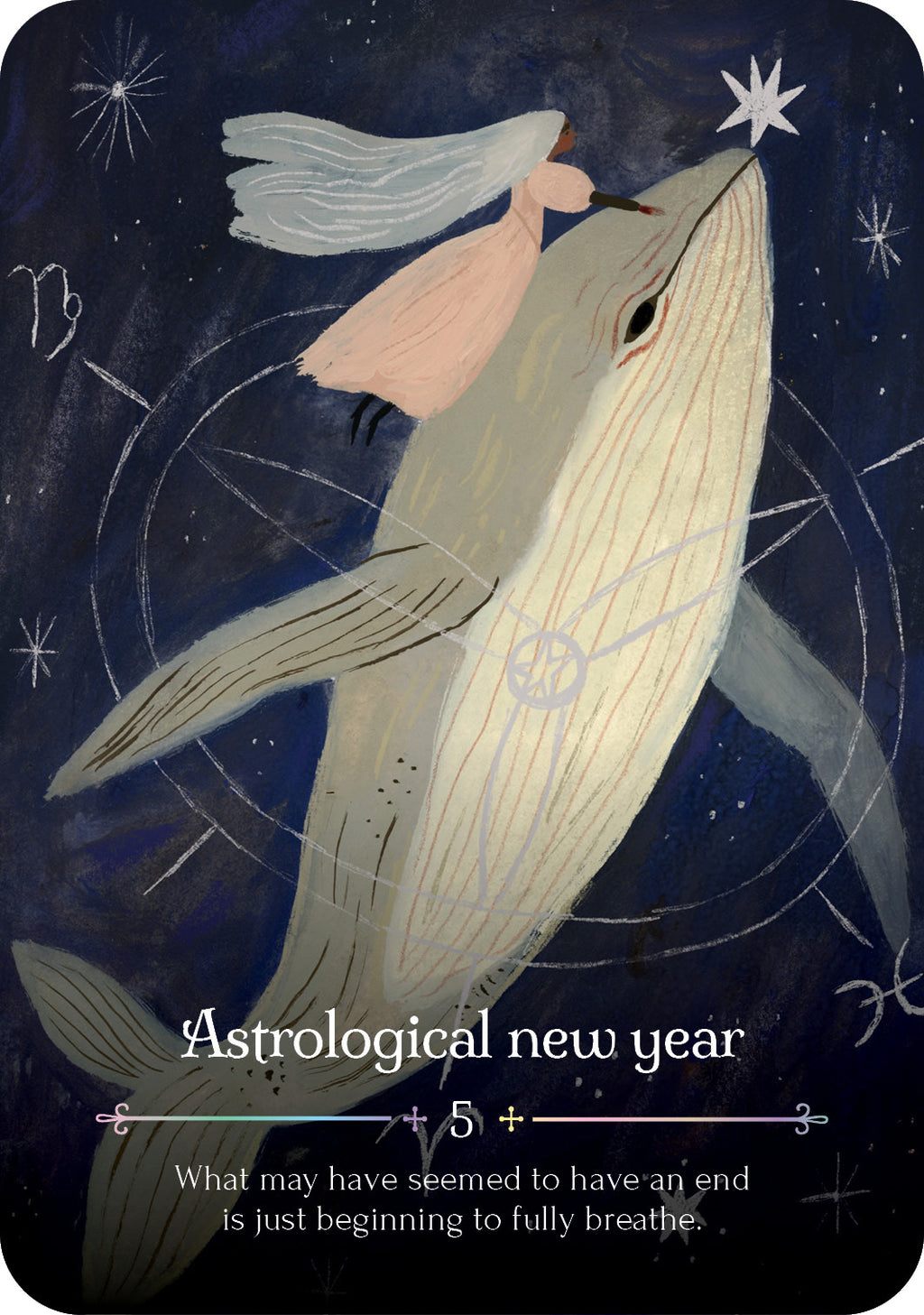 Illustration of a person riding a whale with astrological symbols and text on a dark background