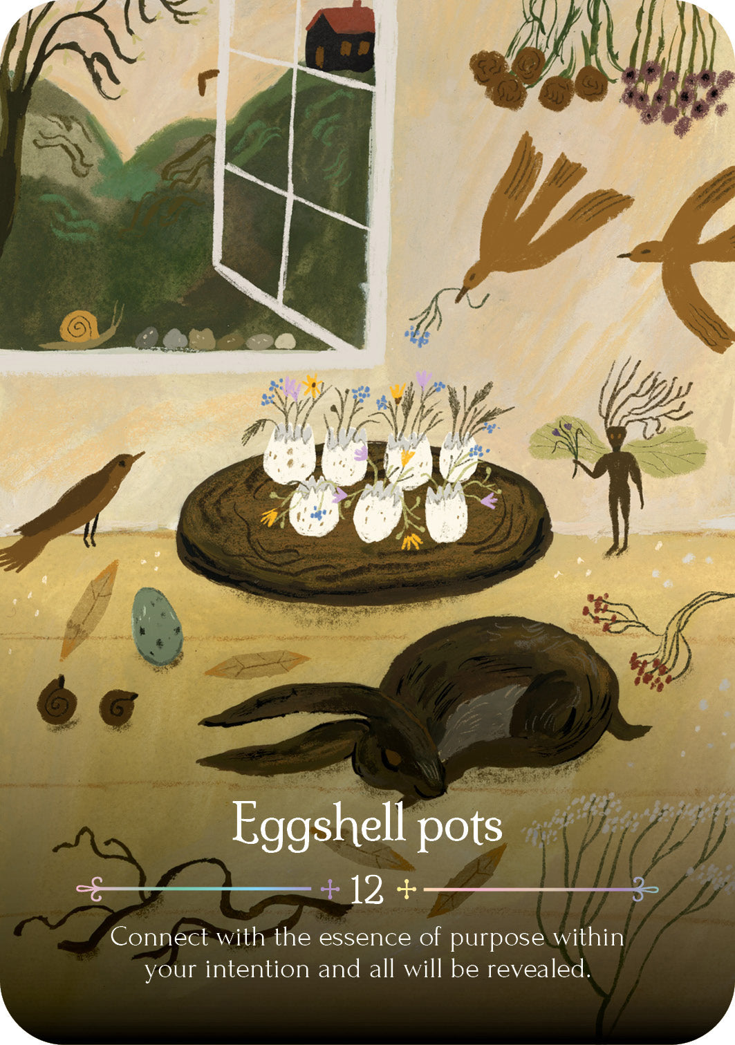 Illustration of eggshell pots on a table with a rabbit, bird, and window in the background.
