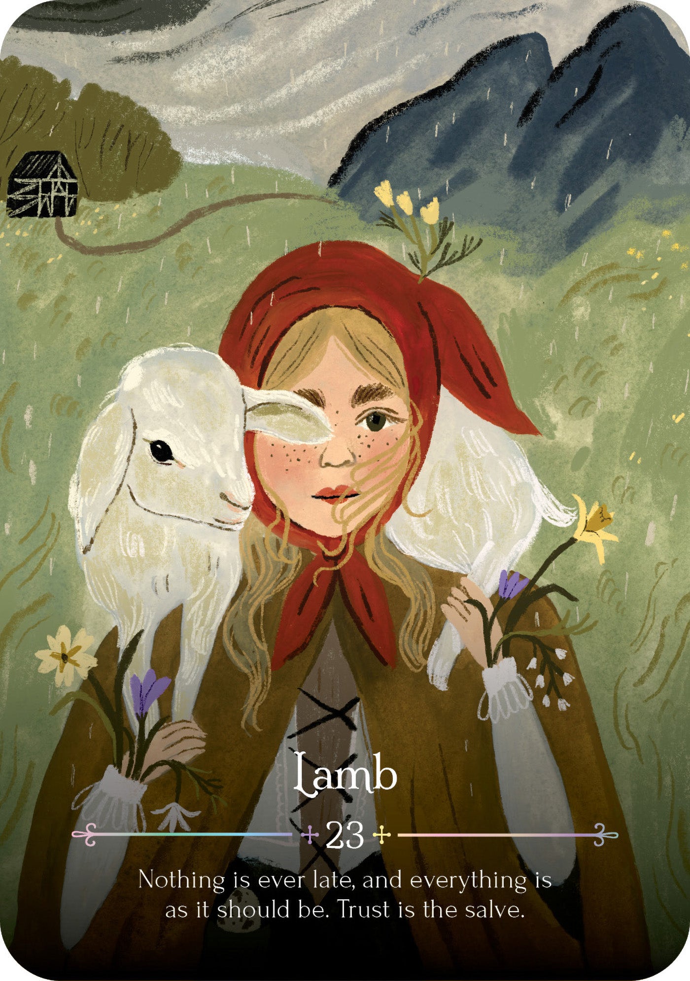 Illustration of a person with a lamb and flowers in a natural setting, with text about trust.