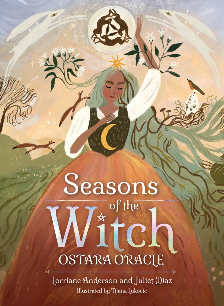 Book cover of 'Seasons of the Witch: Ostara Oracle' with an illustration of a woman in a dress surrounded by nature elements.