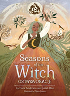 Book cover of 'Seasons of the Witch: Ostara Oracle' with an illustration of a woman in a dress surrounded by nature elements.