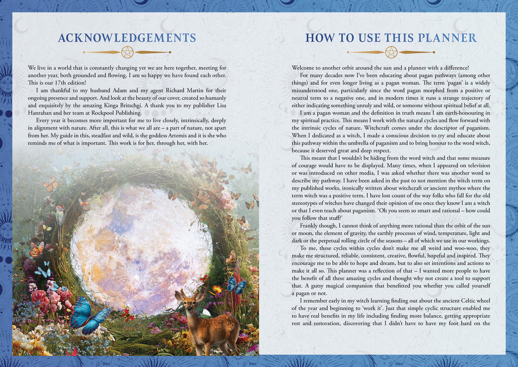 Pages from a journal with an illustration of a moon and nature, followed by text on acknowledgments and usage instructions.