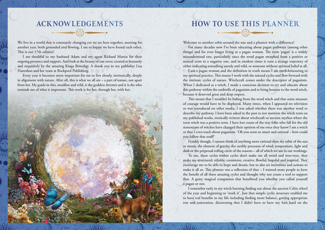 Pages from a journal with an illustration of a moon and nature, followed by text on acknowledgments and usage instructions.
