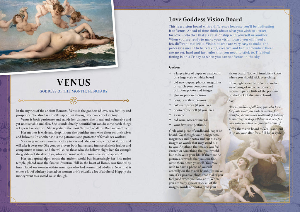 A printed guide or booklet page titled 'Love Goddess Vision Board' with text on the right and decorative artwork on the left, including a Venus-themed illustration and a small photo of a woman in a white dress.