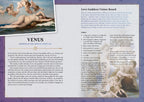 A printed guide or booklet page titled 'Love Goddess Vision Board' with text on the right and decorative artwork on the left, including a Venus-themed illustration and a small photo of a woman in a white dress.