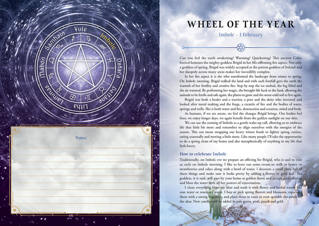 A decorative printed page titled 'WHEEL OF THE YEAR' with the subtitle 'Indigo - February,' featuring a large circular astrological wheel on the left and columns of text on the right against a dark blue illustrated background.