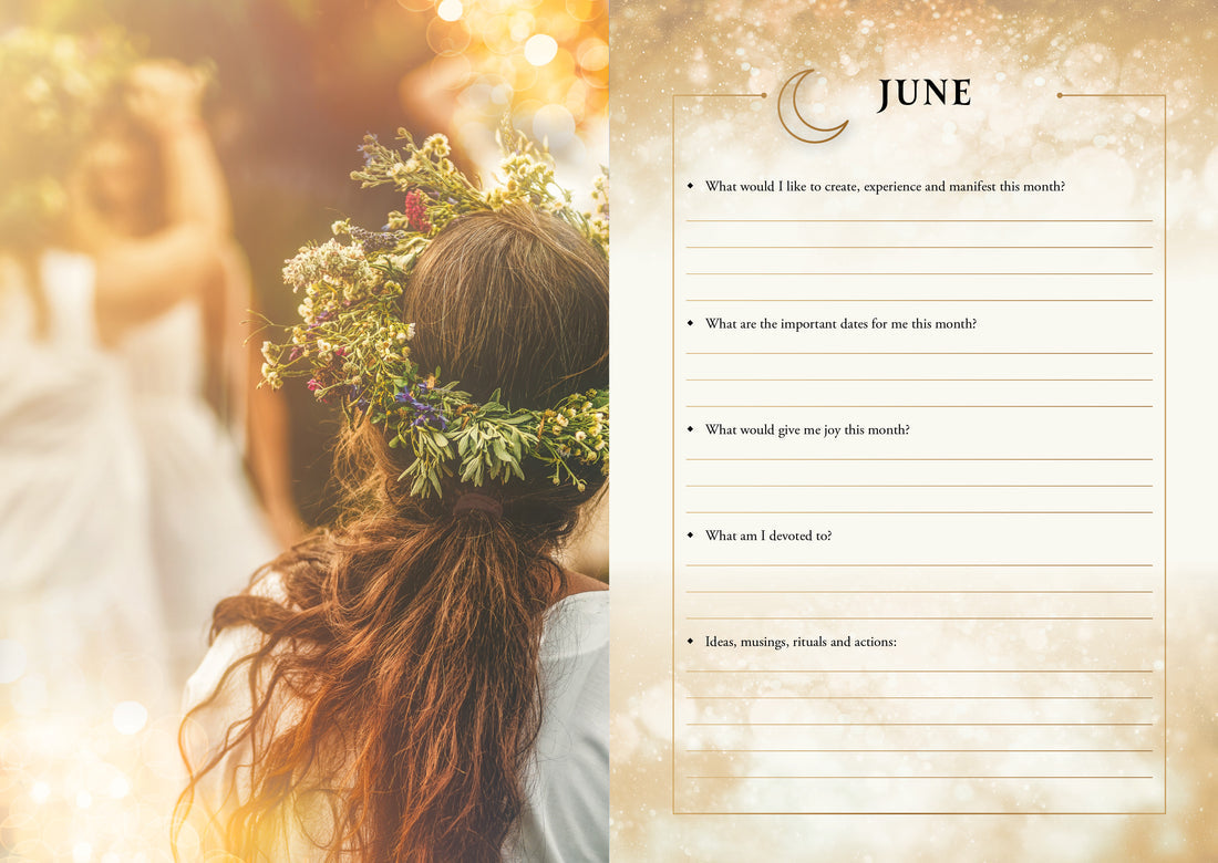A split design featuring a warm, sunlit photo of a woman with long brown hair and a floral crown seen from behind, alongside a cream-colored monthly journal page titled 'JUNE' with lined writing sections and prompts.