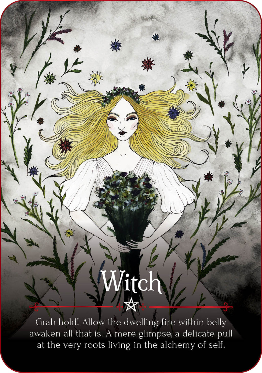 Illustration of a witch with long blonde hair and a bouquet of flowers, surrounded by plants and flowers on a dark background.