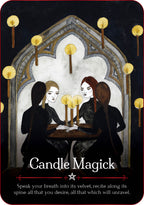 Illustration of three women around a table with candles, titled 'Candle Magick'.