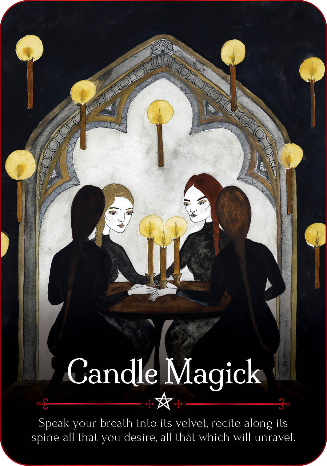 Illustration of three women around a table with candles, titled 'Candle Magick'.
