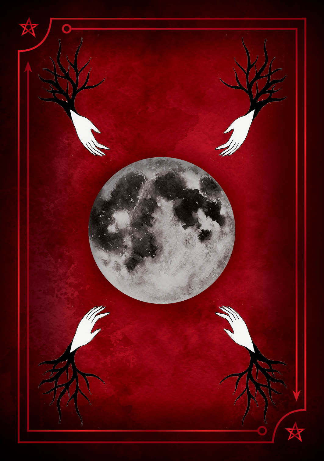 Gothic design with a full moon andRooted hands on a red background