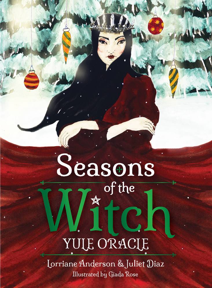 Book cover of 'Seasons of the Witch: Yule Oracle' with a witch in a red dress and black cape against a snowy background.