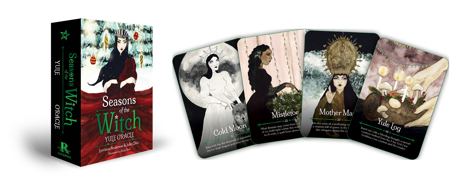 Set of cards titled 'Seasons of the Witch' with illustrated characters on a white background