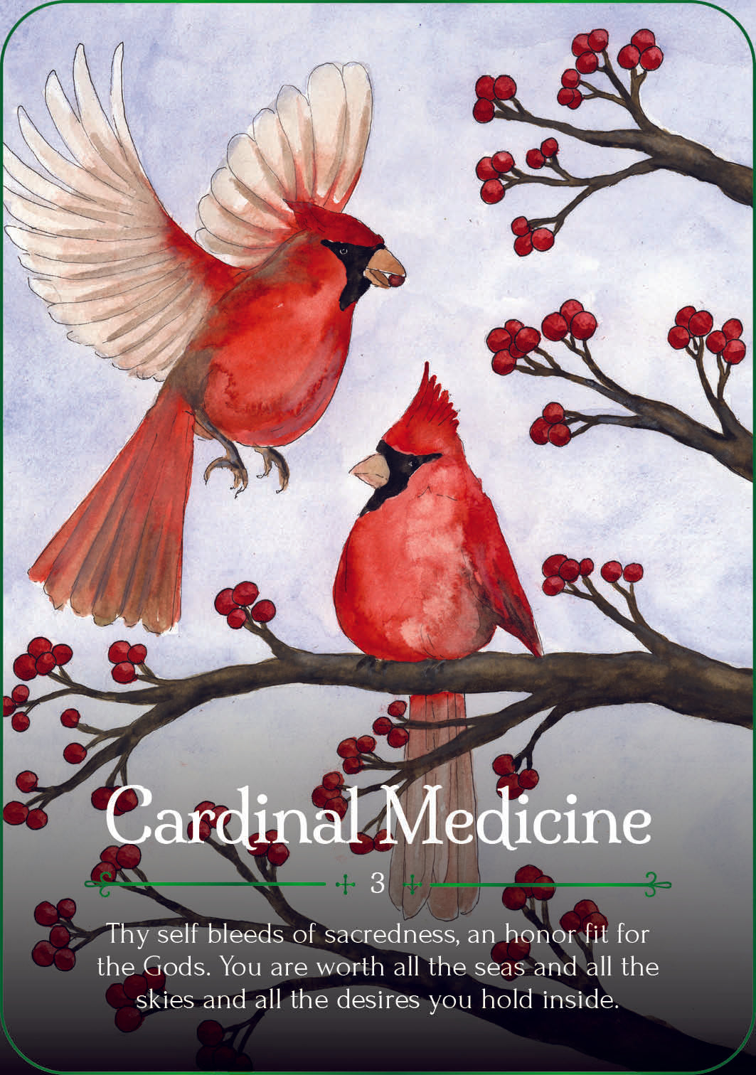 Two red cardinals on a branch with berries and a quote about 'Cardinal Medicine'.