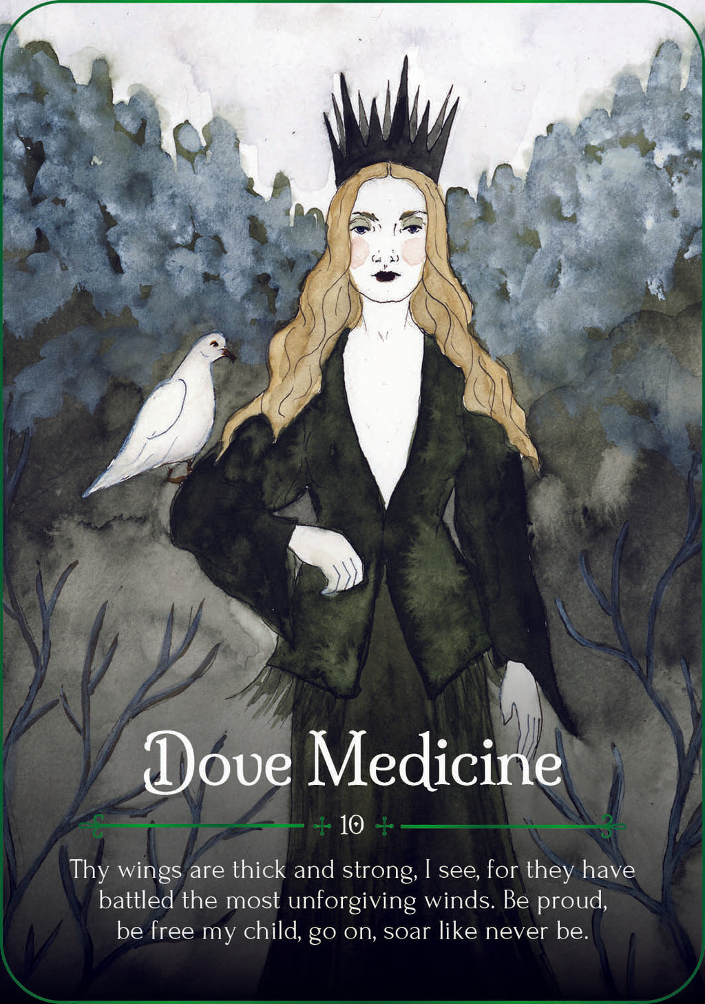 Illustration of a woman in a dark coat with a white dove, surrounded by trees, with text 'Dove Medicine' at the bottom.