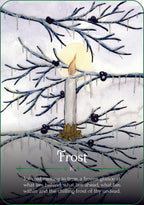 Candle in front of icy branches with the word 'Frost' at the bottom.