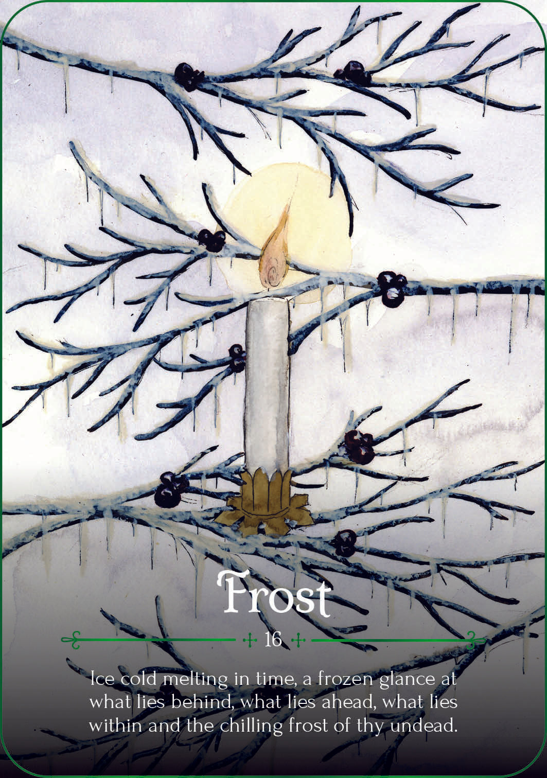 Candle in front of icy branches with the word 'Frost' at the bottom.