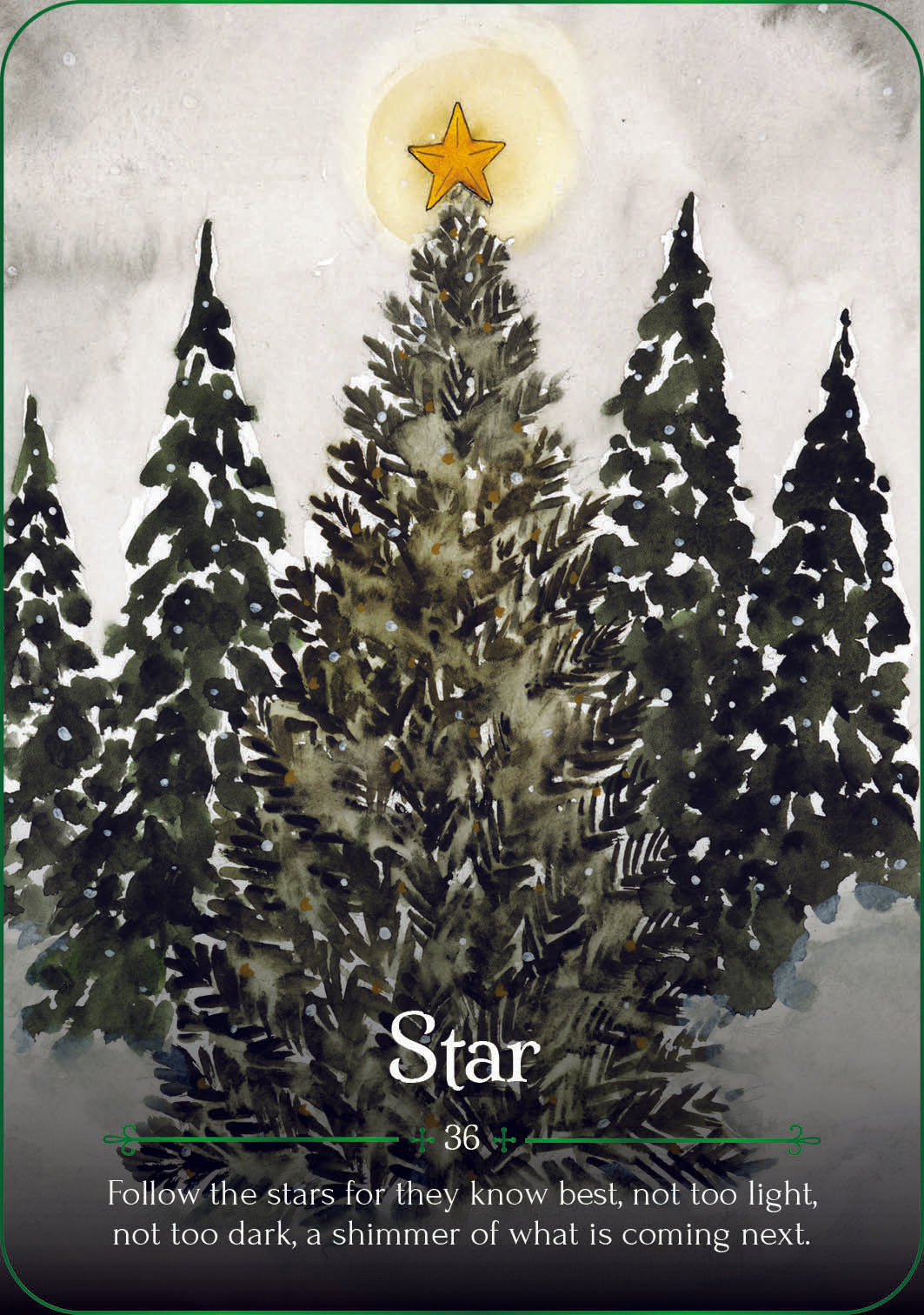 Illustration of a Christmas tree with a star on top against a snowy background